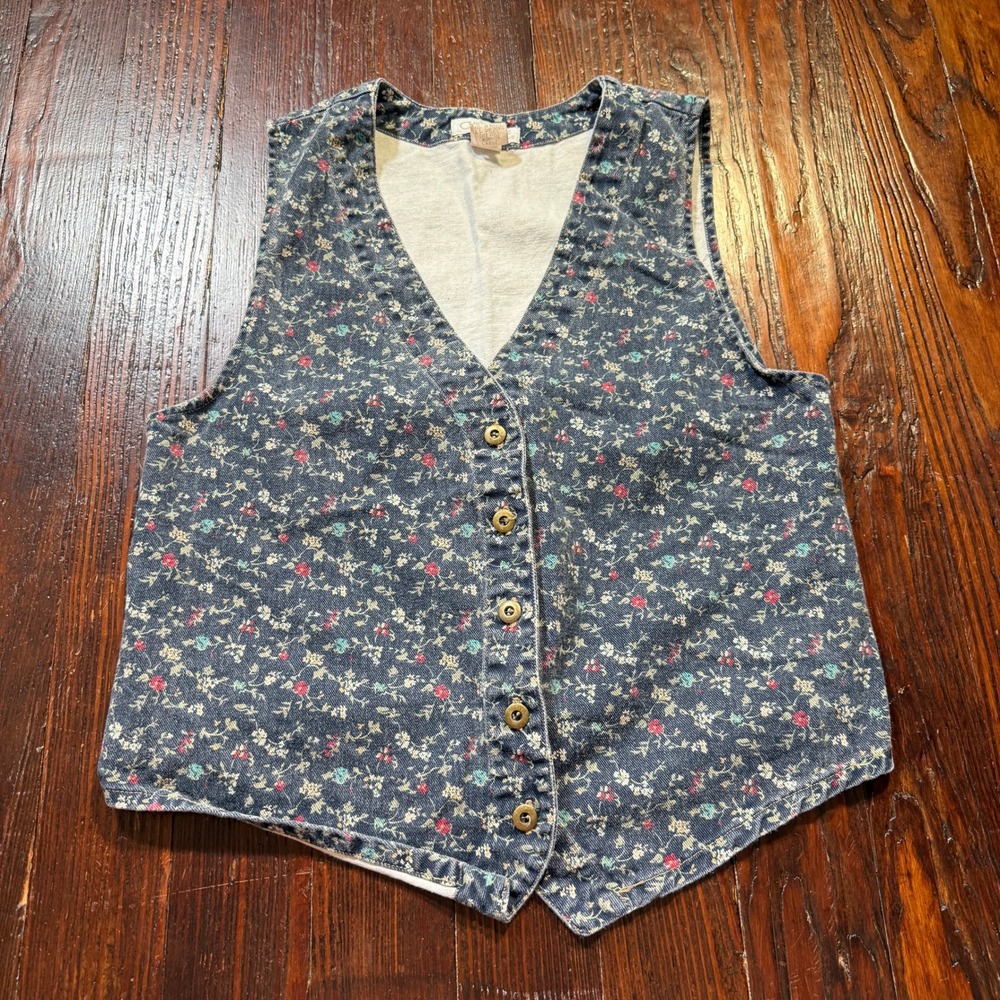 Vintage 90s Cherokee Vest Womens L Blue Floral Denim Button Front Cotton